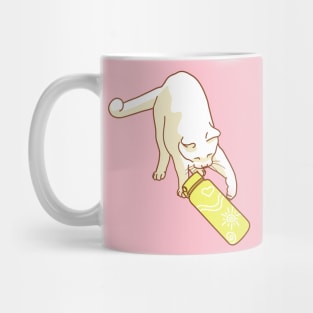 White cat knocking yellow water bottle Mug